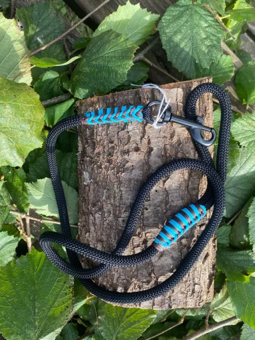 Accessoires au poil animaux fait main, fabrication en Normandie, laisse pour chien 10mm noir finition turquoise