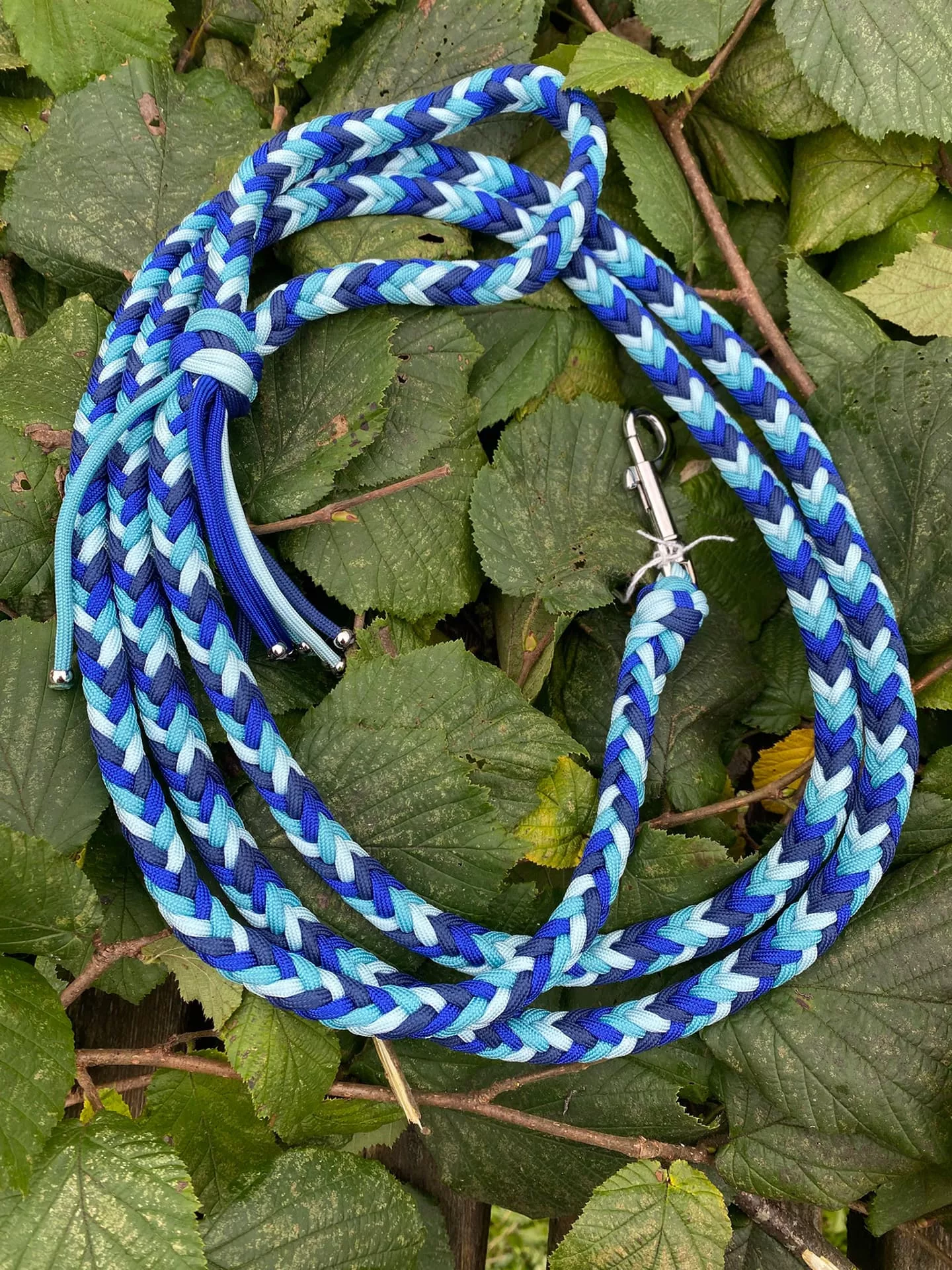 Accessoires au poil animaux fait main, fabrication en Normandie, laisse herringbone pour chien coloris bleu et blanc