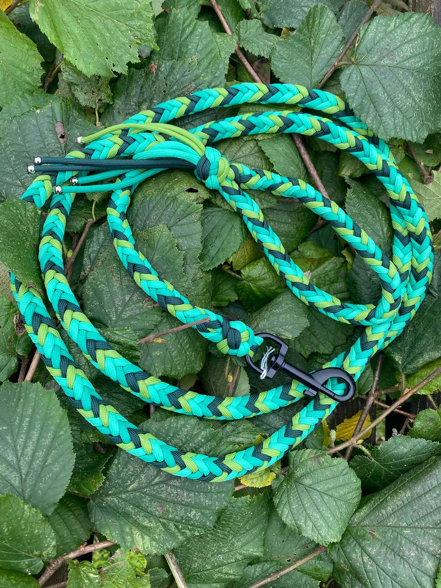 Accessoires au poil animaux fait main, fabrication en Normandie, laisse herringbone pour chien coloris camaïeu vert