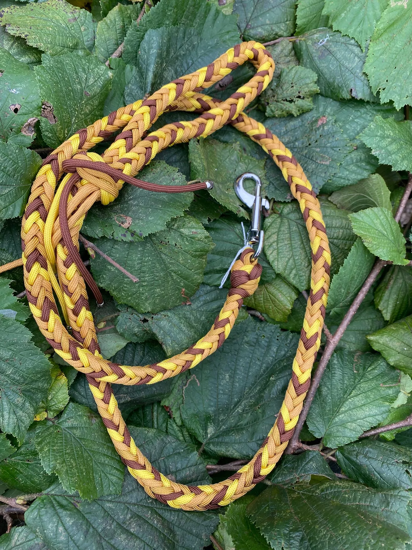 Accessoires au poil animaux fait main, fabrication en Normandie, laisse herringbone pour chien coloris jaune, caramel et chocolat