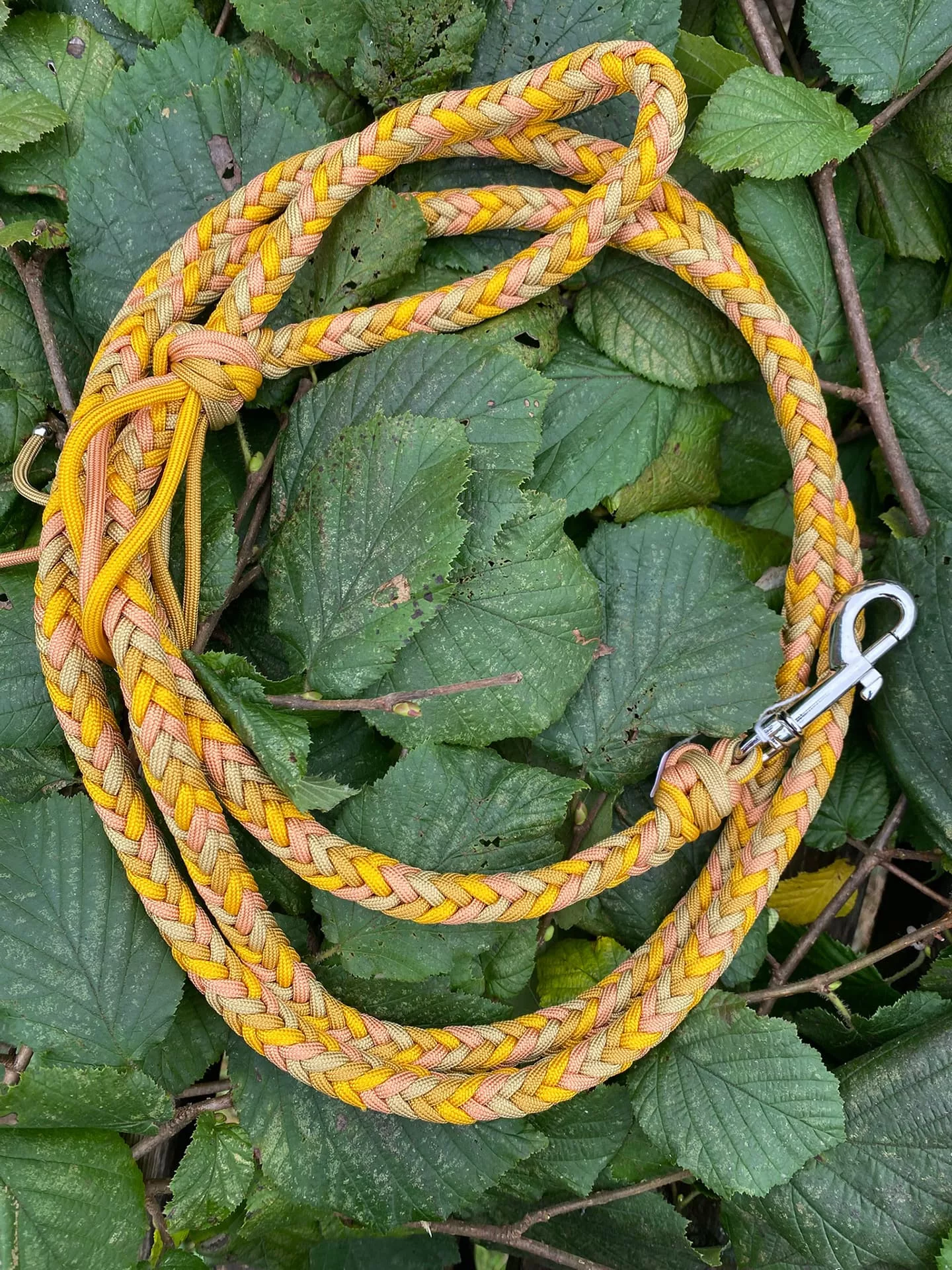 Accessoires au poil animaux fait main, fabrication en Normandie, laisse herringbone pour chien coloris or et jaune