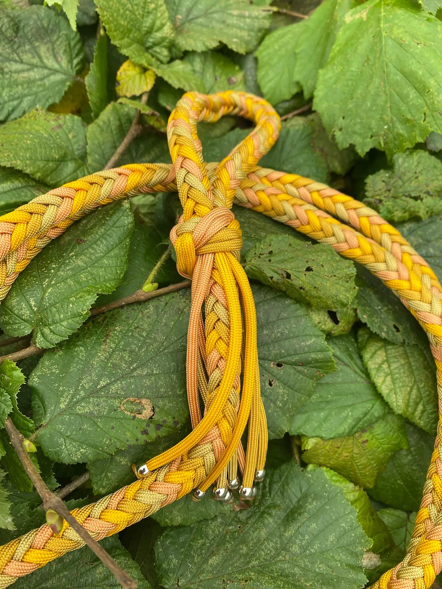 Accessoires au poil animaux fait main, fabrication en Normandie, laisse herringbone pour chien coloris or et jaune finition perles