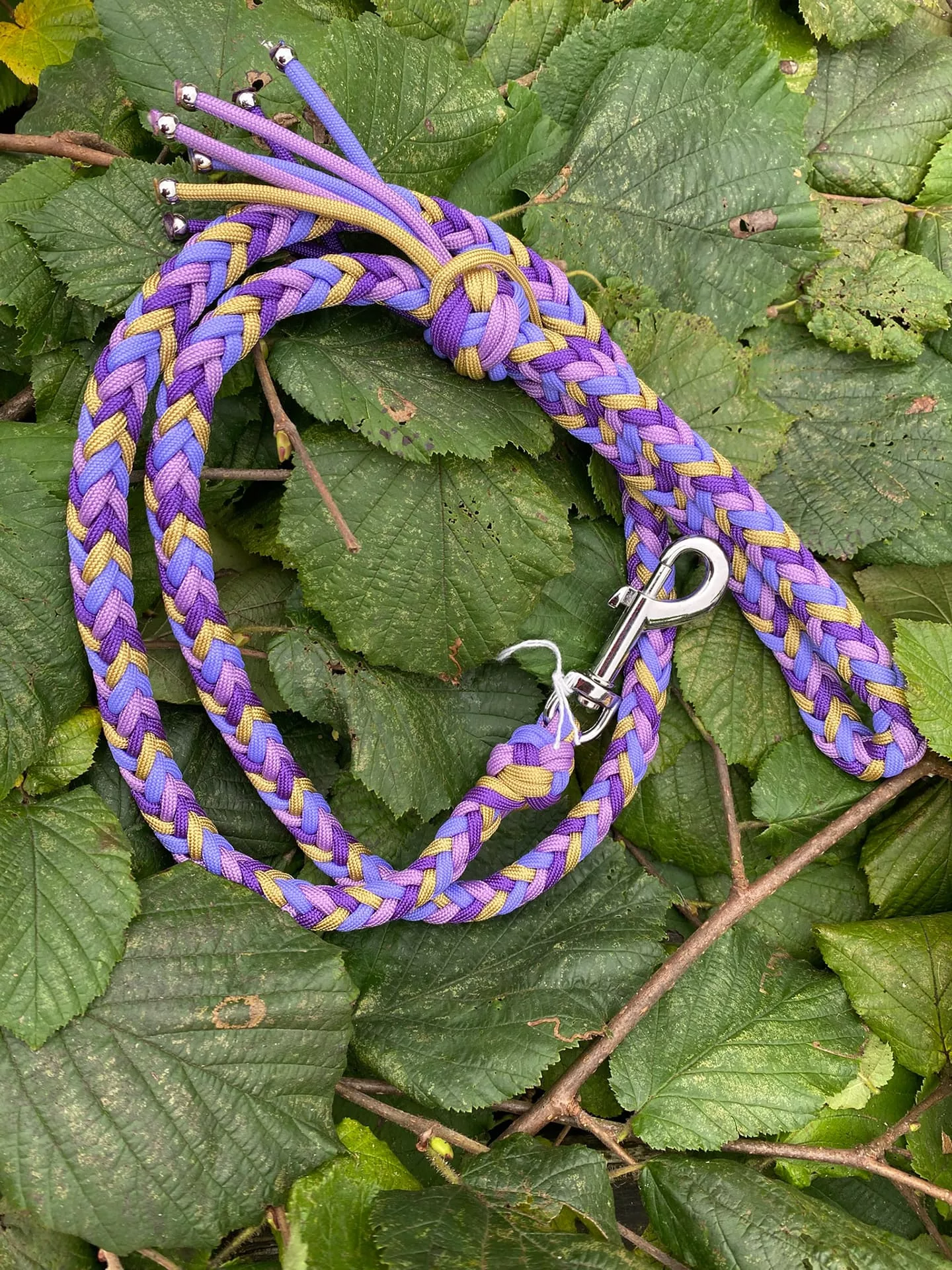 Accessoires au poil animaux fait main, fabrication en Normandie, laisse herringbone pour chien coloris violet et or