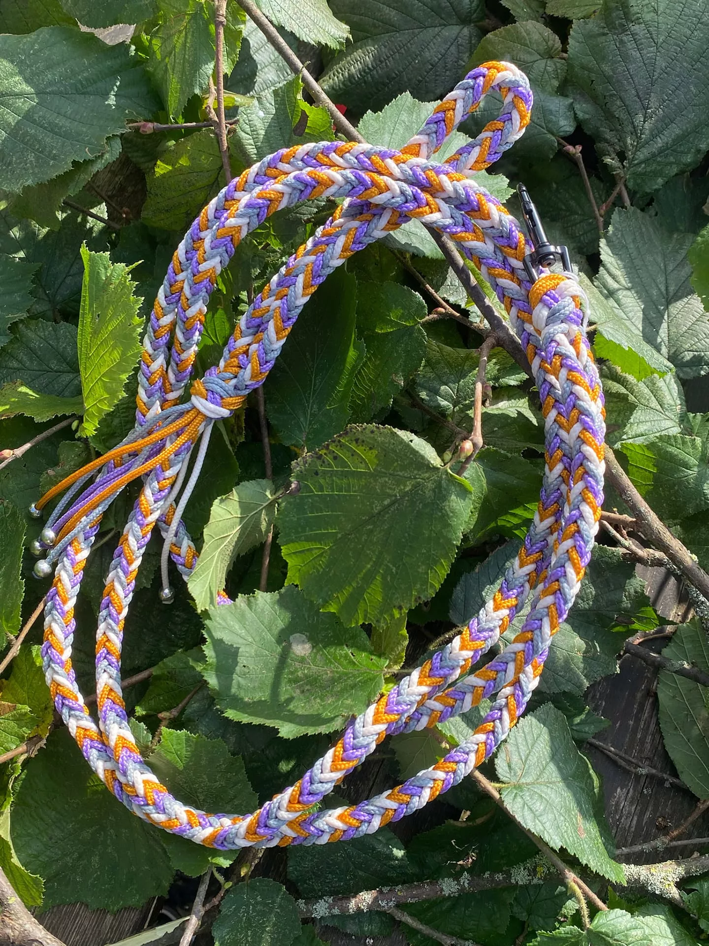 Accessoires au poil animaux fait main, fabrication en Normandie, laisse herringbone pour chien coloris violet, blanc et or