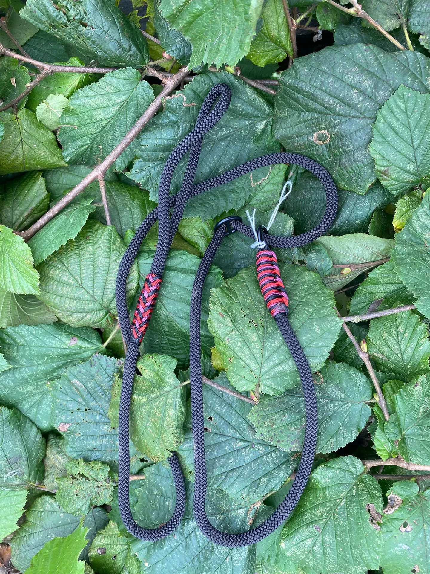 Accessoires au poil animaux fait main, fabrication en Normandie, laisse lasso pour chien couleur noire finition rouge