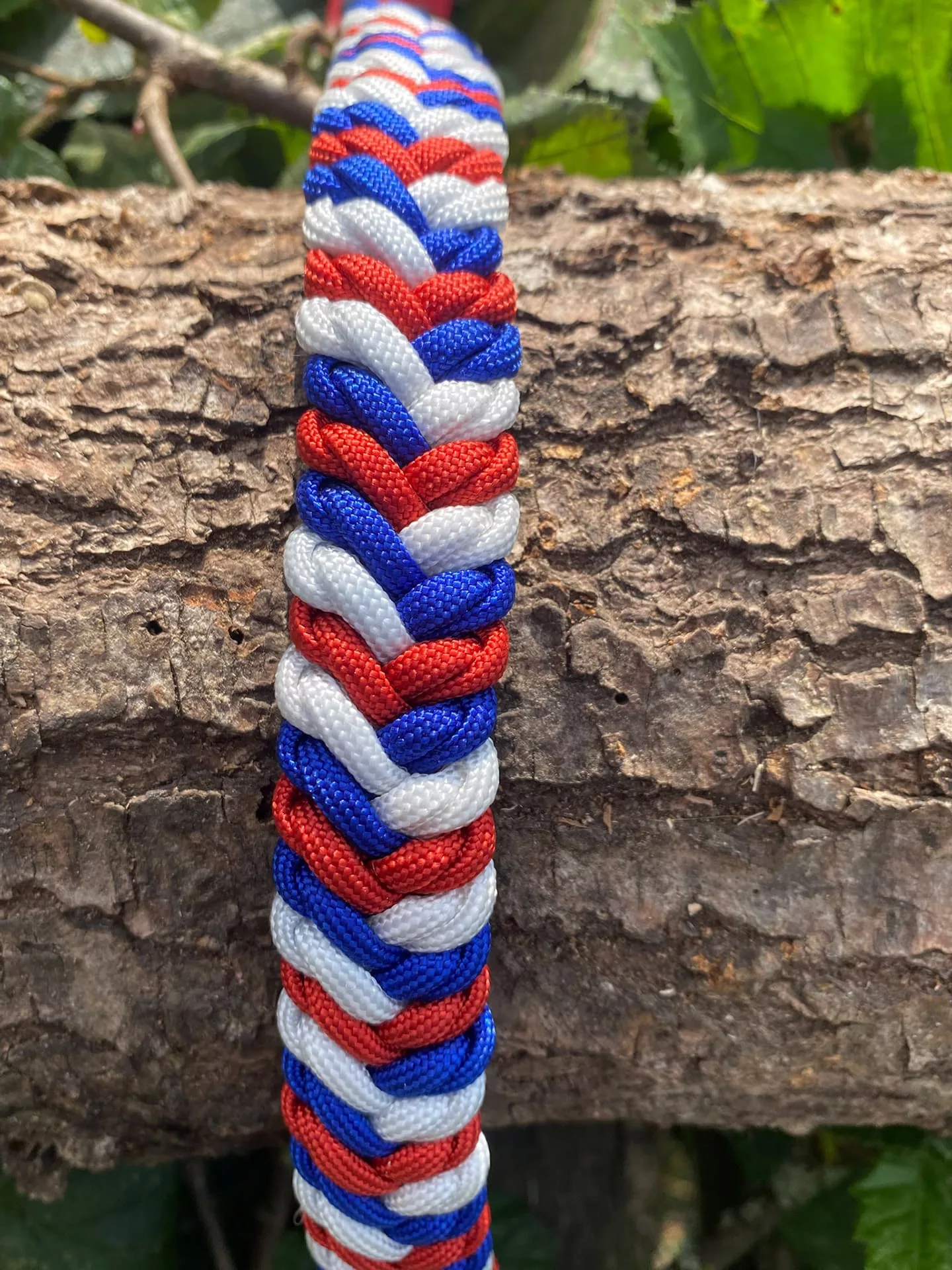 Accessoires au poil animaux fait main, fabrication en Normandie, collier type snakebelly 3 couleur coloris bleu, blanc et rouge